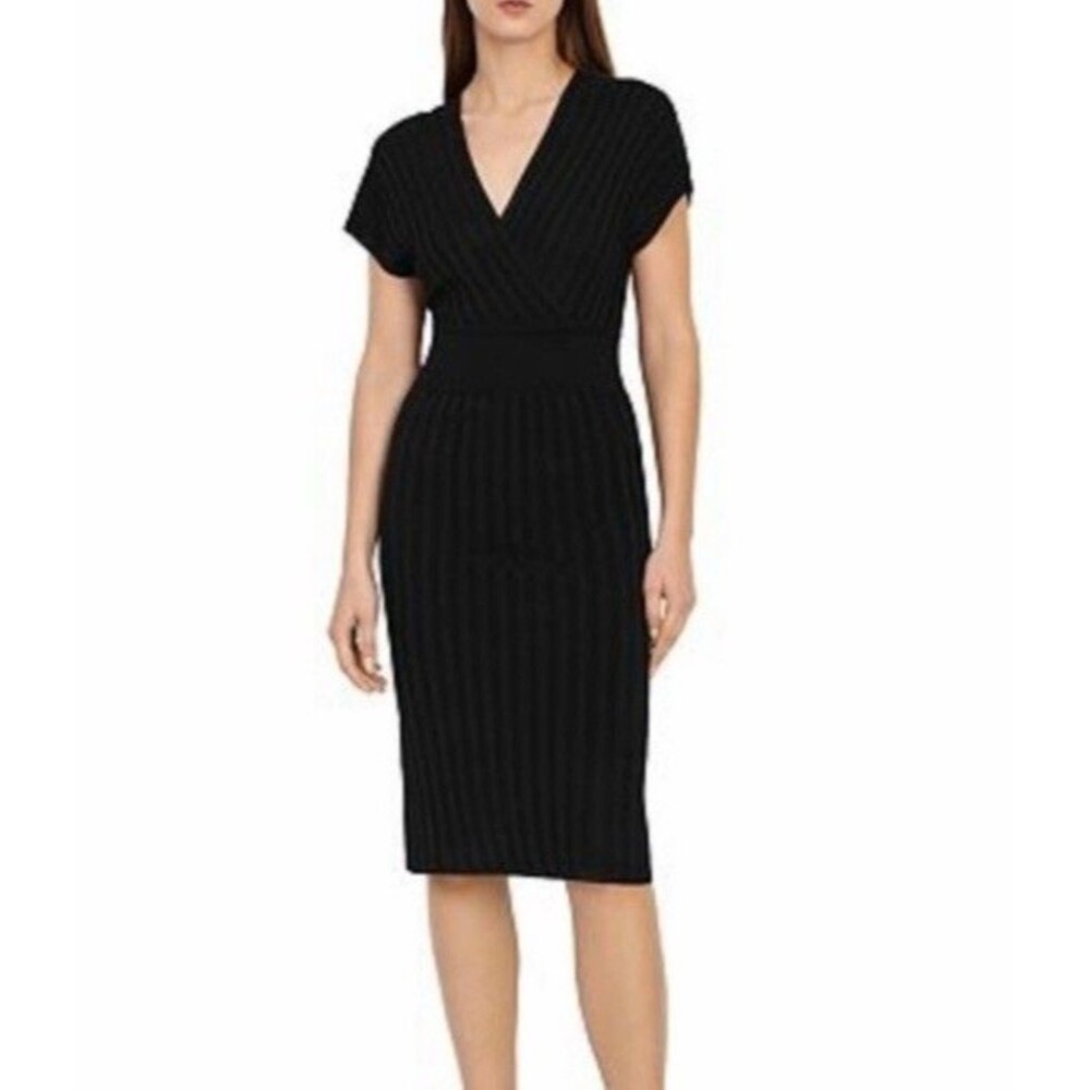 REISS Talitha Ribbed Knit Dress dark green Size S Faux Wrap V-Neck Bodycon EUC